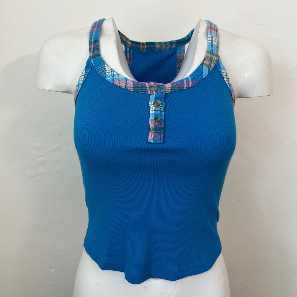 Philcro Blue Ribbed Henley Tank Top Plaid Trim Racerback XS